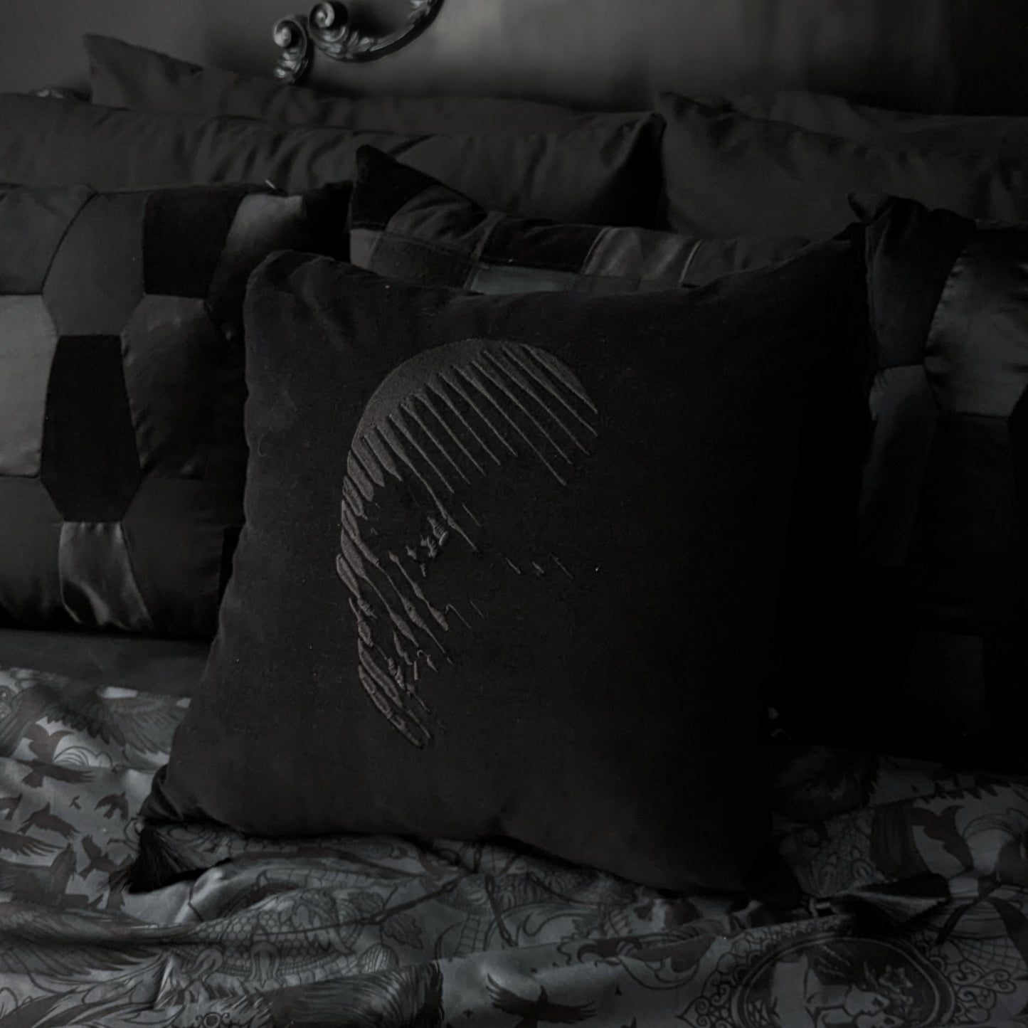 Skull Trompe l'oeil Embroidered Velvet Cushion