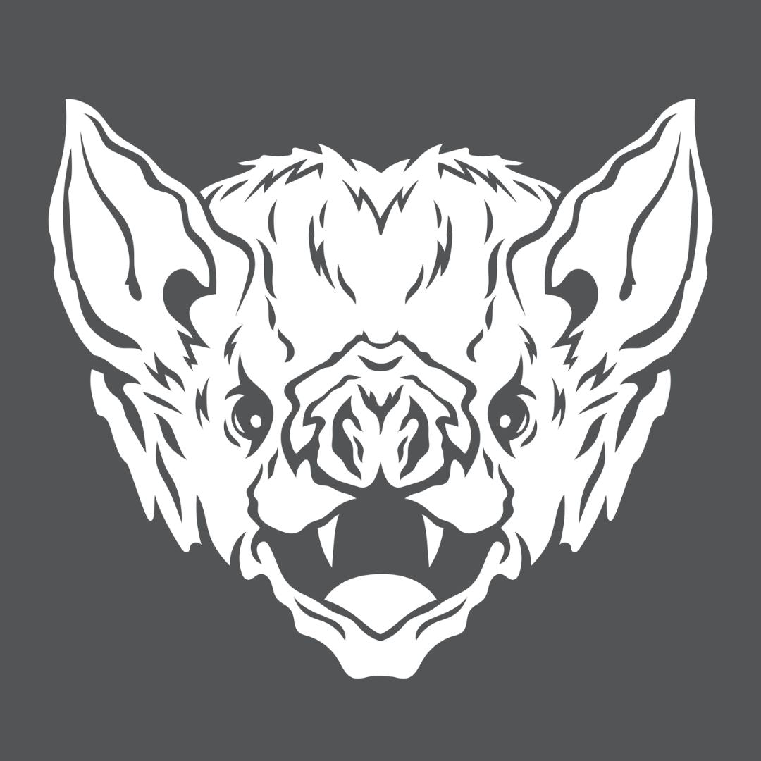 A stylised bat face in white on a grey background.