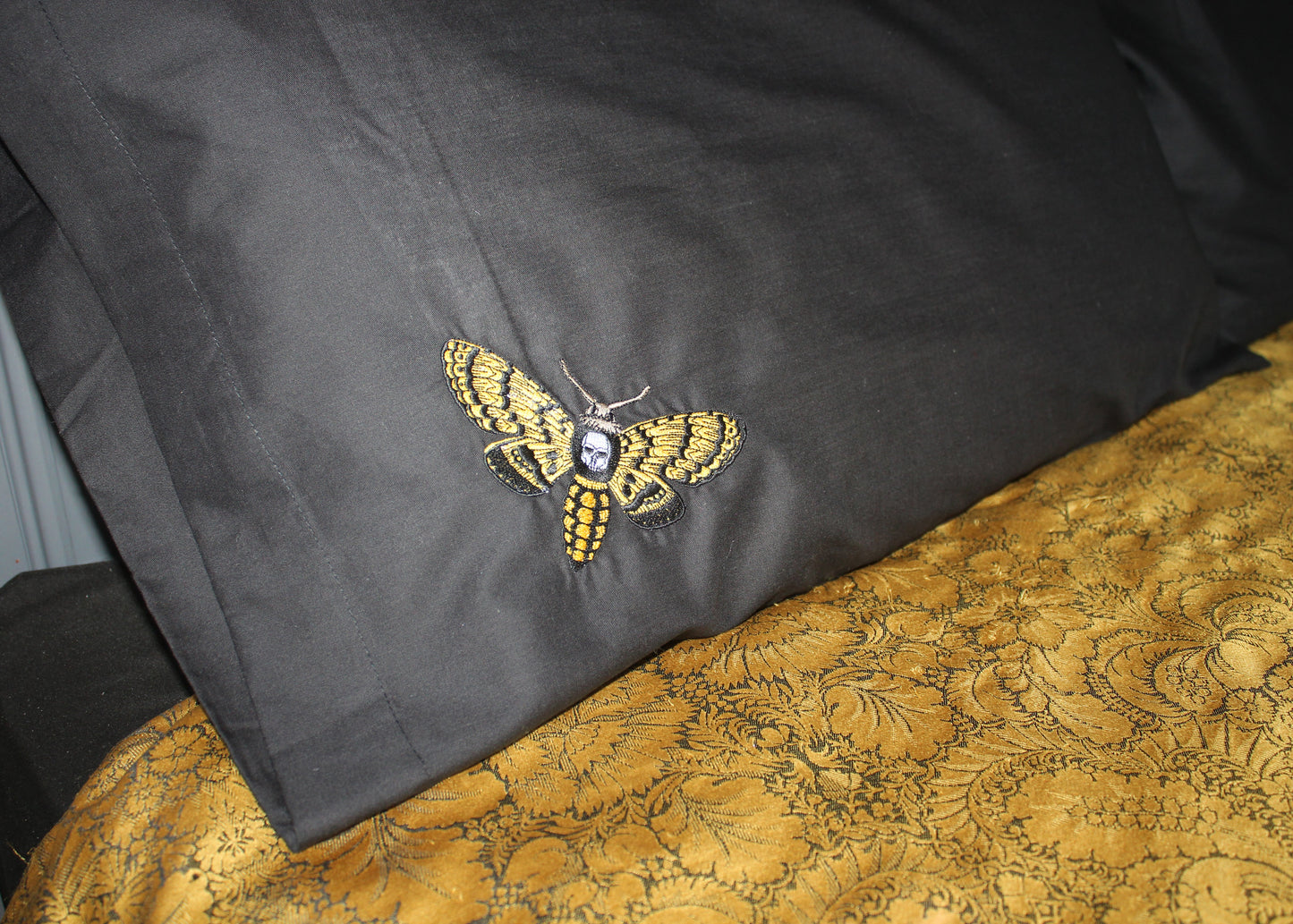 Death Head Moth Embroidered Black Easy Care Pillowcases