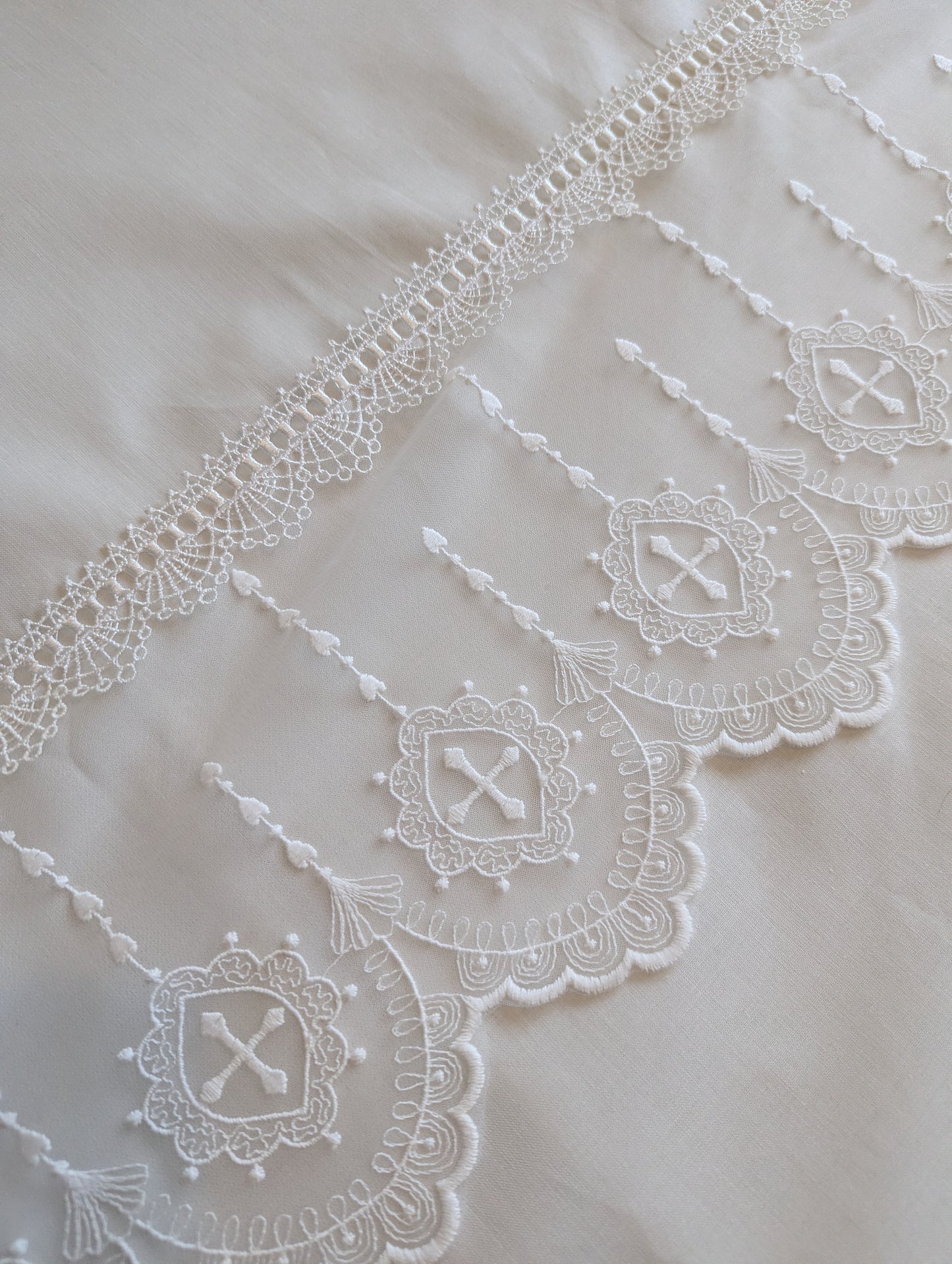 Close-up of intricate lace detailing on a white fabric background