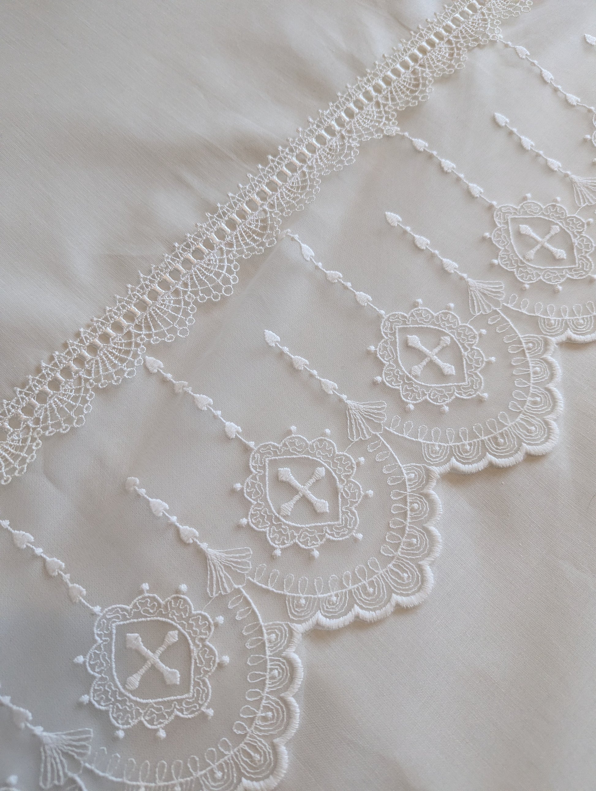 Close-up of intricate lace detailing on a white fabric background
