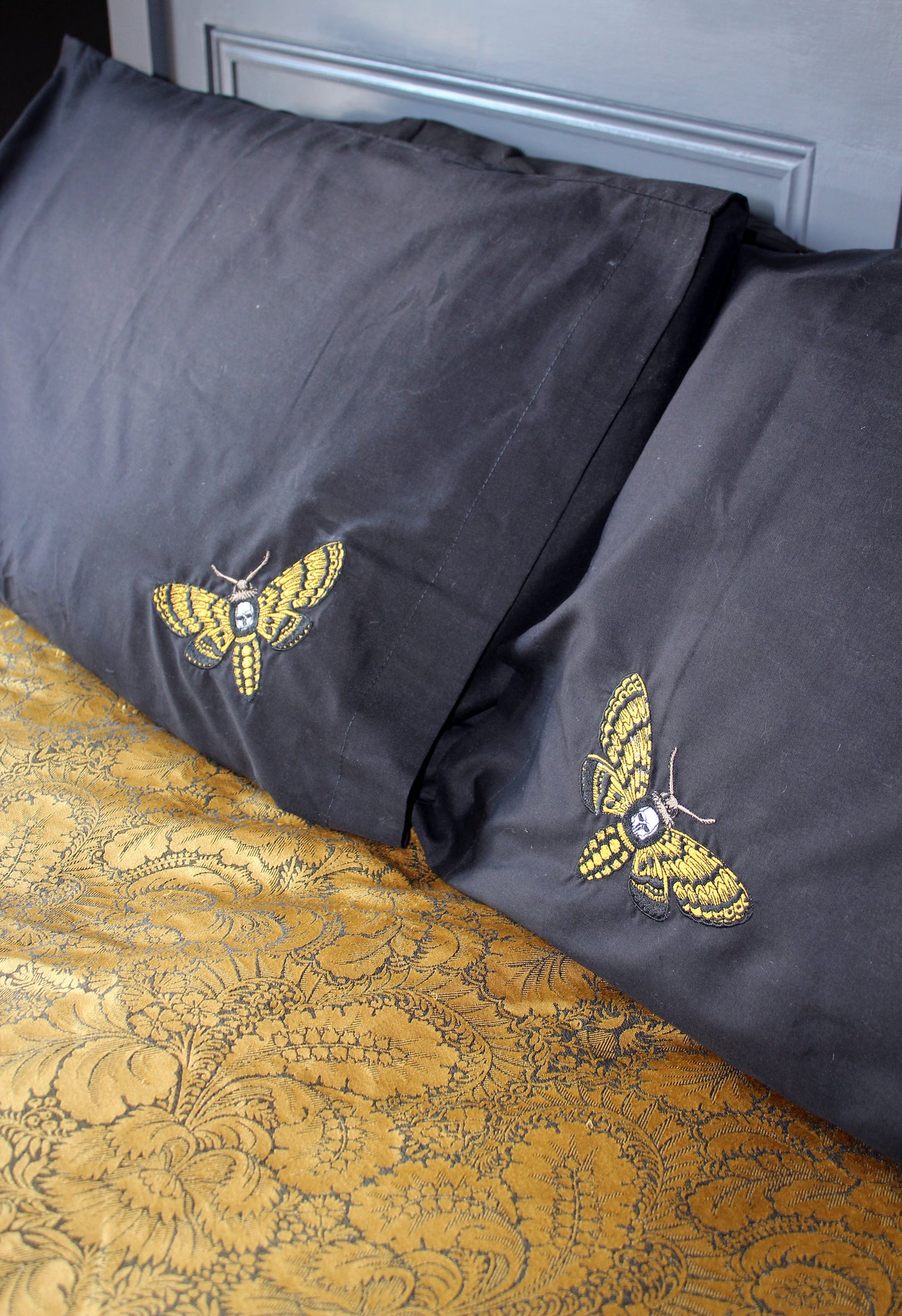 Death Head Moth Embroidered Black Easy Care Pillowcases