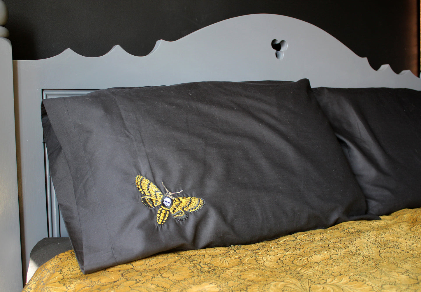 Death Head Moth Embroidered Black Easy Care Pillowcases